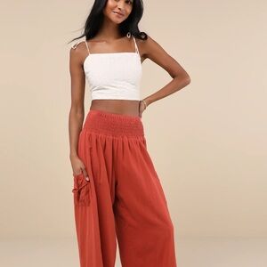 Lulus Breezy Trend Terracotta Smocked Waist Wide Leg Pants